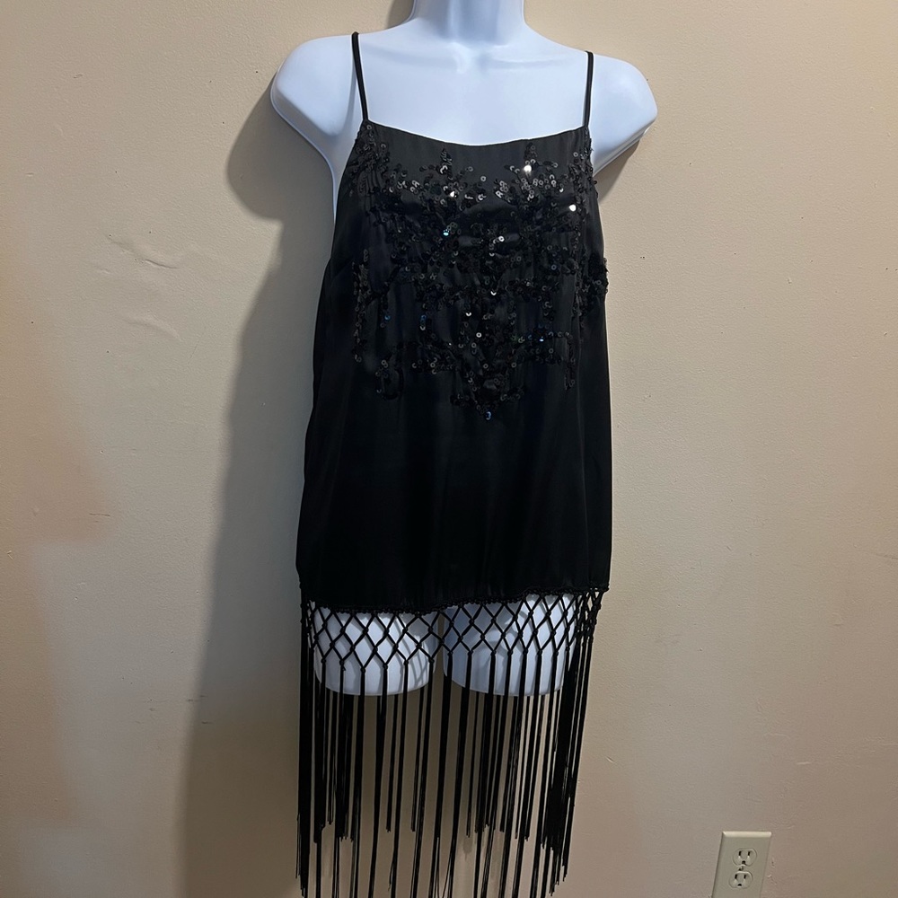 Camisole with long black fringe, sequin embellished front,